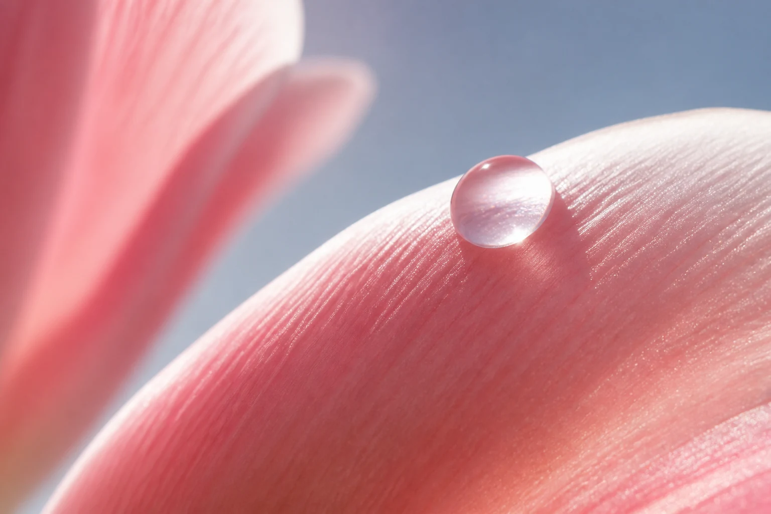 Morning dew on a translucent pink tulip petal