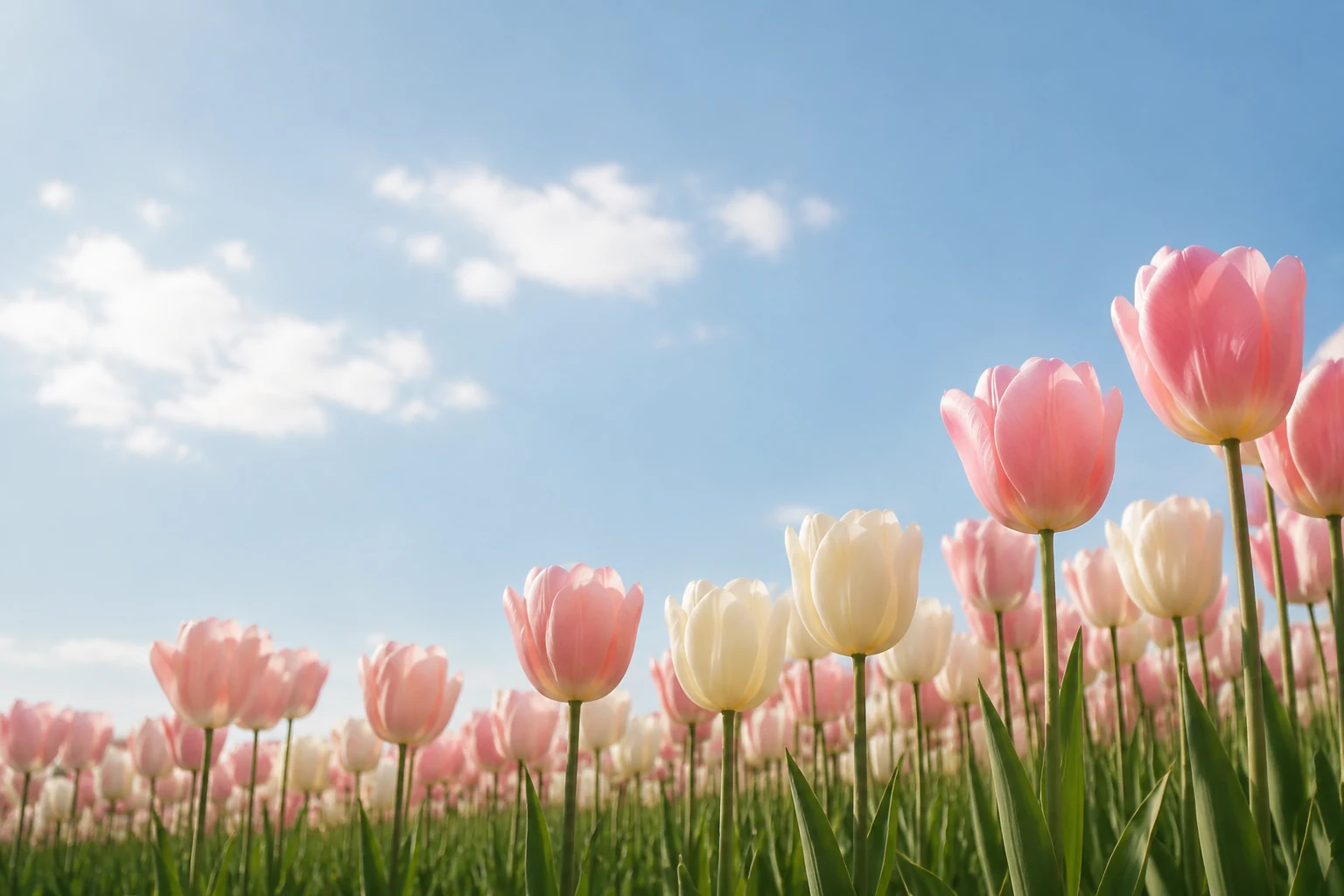A field of pink and white tulips beneath an open sky
