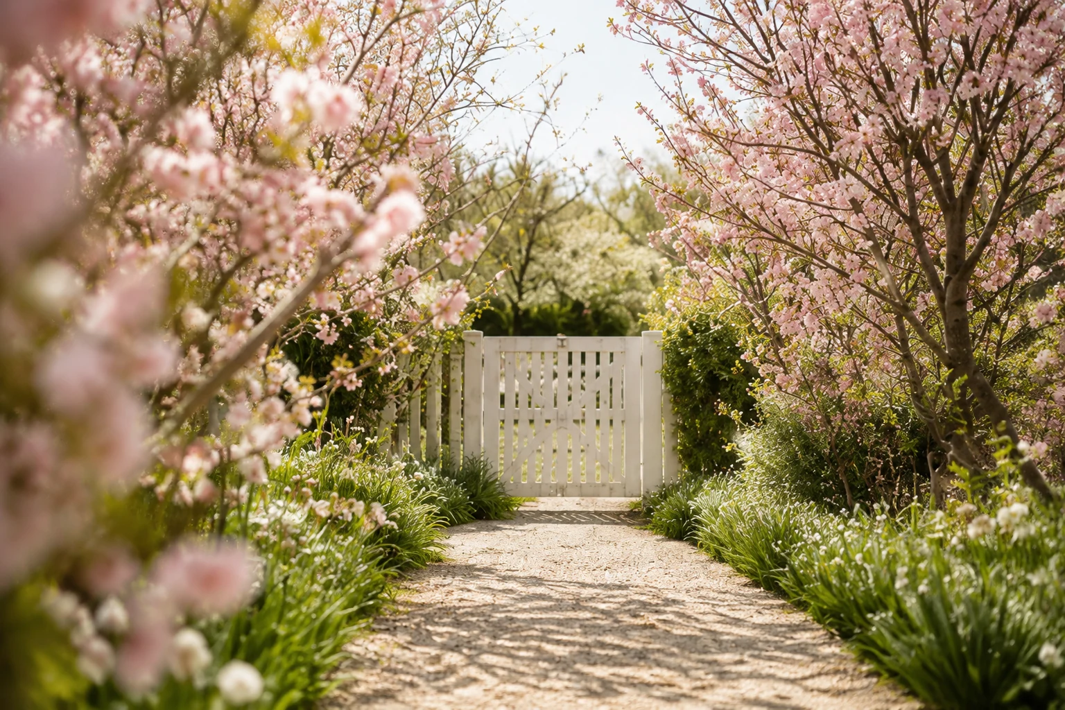 A garden path framed by pink spring blossoms
